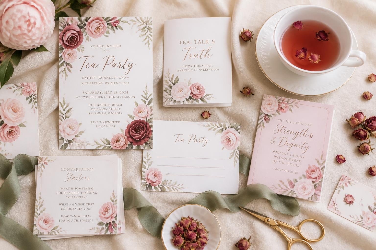 Materiais do kit de chá de mulheres cristãs: convites florais, devocionais e decoração em tons de rosa e creme